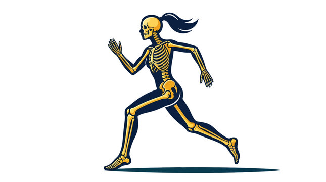 Female human skeleton running in a dynamic motion pose as a stylized vector graphic art illustration