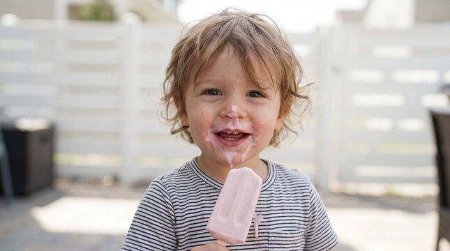 Happy messy toddler holding pink fruit popsicle with face and shirt covered in melted strawberry treat in sunny outdoor setting for authentic family lifestyle and childhood photography