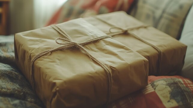Wrapped gifts on a bed indoors