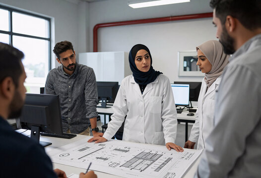 Female Hijab Engineer Leader Reviewing Industrial Plan