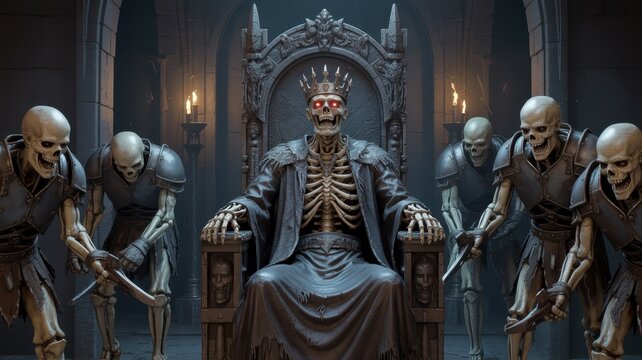 Eerie skeleton king on throne with skeletal guards in dark, ancient castle hall, glowing red eyes