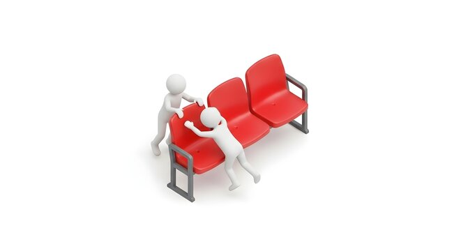 Characters pushing a row of red airport seats