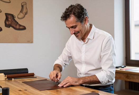 Italian Shoe Designer Cutting Leather in Florence Workshop