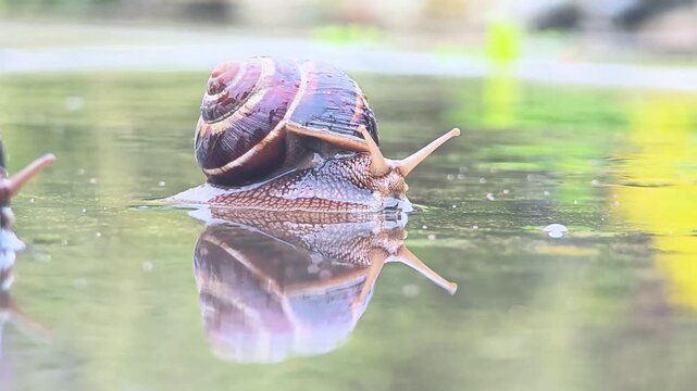 A close-up of a brown garden snail on a reflective surface. The snail has a spiral shell and is surrounded by blurred greenery.
