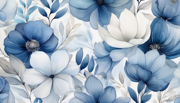 delicate watercolor flowers creating seamless floral pattern soft pastel blue and gray flowers floating as an elegant botanical pattern