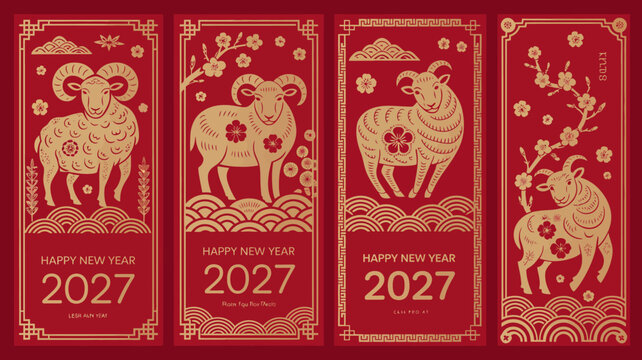 new year 2027 ram zodiac illustrations traditional red and gold style