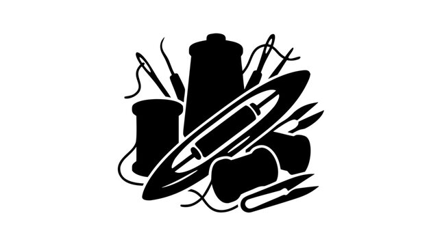 Vector illustration of a cartoon design set featuring silhouettes of kitchen knives, food, beverage cans, coffee cups, and hands with paint brushes creating art objects and garden symbols