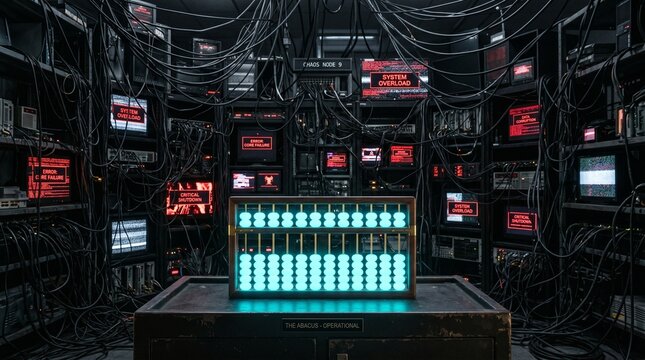 Glowing cyan and gold abacus functioning perfectly in front of a glitching dark supercomputer, representing Shoshin and the beginner's mind.