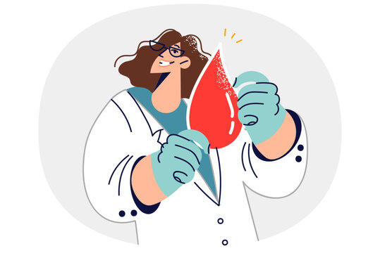Woman doctor calls to become donor and holds large drop blood, working in laboratory analyzing DNA