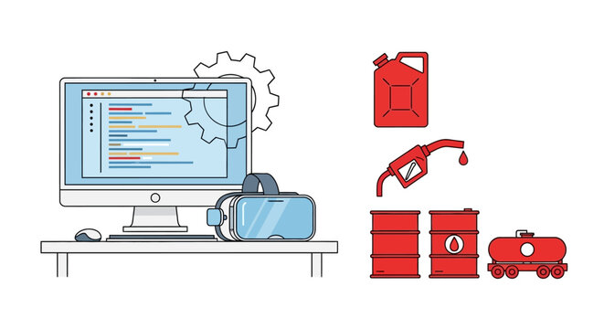 Graphic illustration of computer with fuel icons.