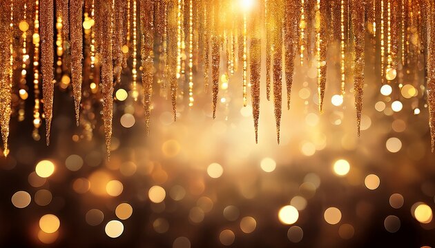 golden glitter hanging strands with sparkling bokeh lights golden glitter background featuring hanging strands and shimmering bokeh with space for text