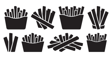 Fototapeta premium Black French Fries Silhouette Icon Set