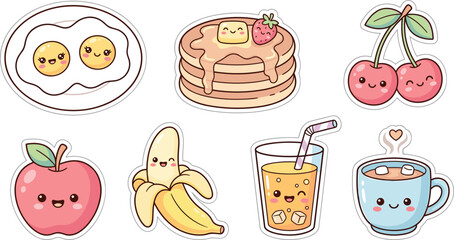 Set of cute kawaii breakfast and fruit sticker doodles including fried eggs pancakes cherry apple banana juice and hot coffee isolated on white background © MdRoni