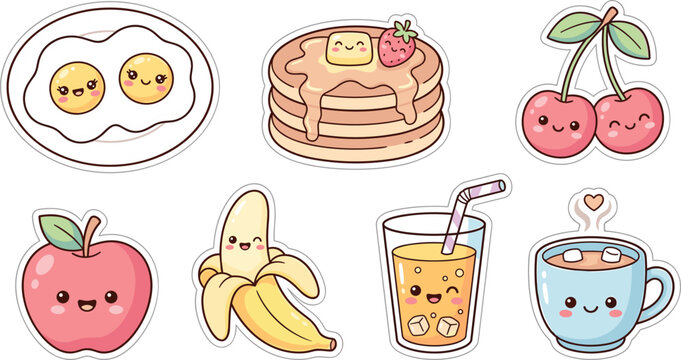 Set of cute kawaii breakfast and fruit sticker doodles including fried eggs pancakes cherry apple banana juice and hot coffee isolated on white background