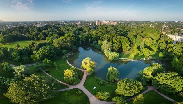 captivating aerial view of a serene park nature landscape peaceful birdseye perspective