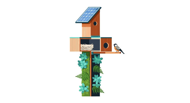 Creative colorful birdhouse tower with multiple compartments outside.