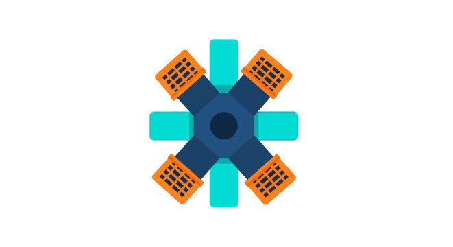 Abstract geometric radial design with modular buildings icons.