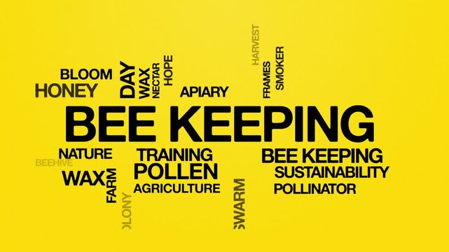 Bee keeping concept Animated Tag Word Cloud kinetic typography, Text Design Animation typography seamless loop video motion graphics Intro Wordart arrangement tagcloud black type on yellow background