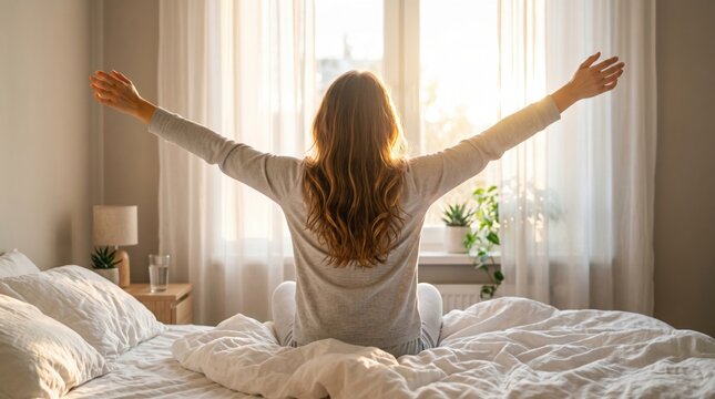 Morning Awakening: A woman stretches her arms wide on a bed, welcoming the morning sun streaming through a window, embodying peace and a fresh start.