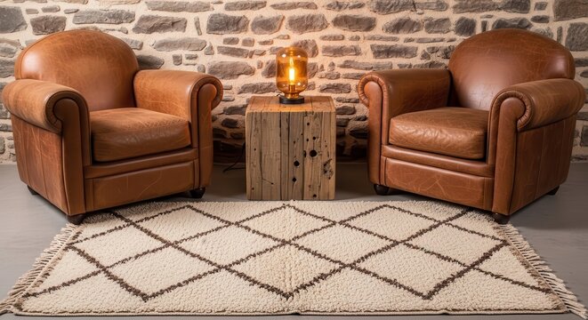 Vintage Berber Carpet with Iconic Diamond Pattern Placed in Cozy Living Space with Leather Armchairs