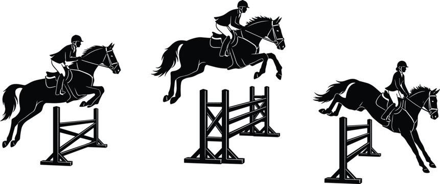 Equestrian Show Jumping Horse Rider Silhouette Vector Set with Competitive Jumping Action and Riding Obstacles