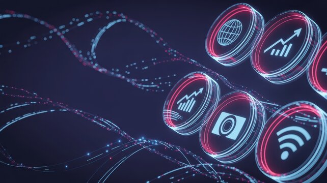 Digital network of technology icons with data streams on dark background