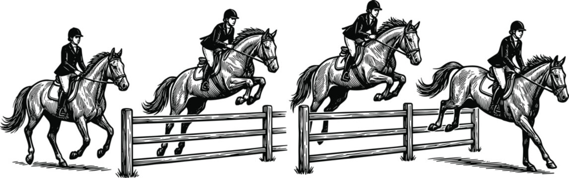 Equestrian Show Jumping Horse Riding Vector Illustration Set with Competitive Rider and Jumping Fence Action Scenes