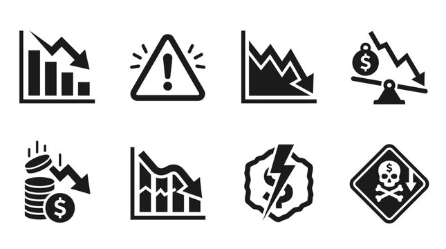 Financial crisis icons vector set featuring economic decline, warning signs, market crash, and loss indicators for business risk management, investment downturn, and recession analysis vector illustra