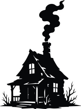 Isolated on an abandoned tiny haunted cottage with smoke from chimney Silouette illustration vector art on white background