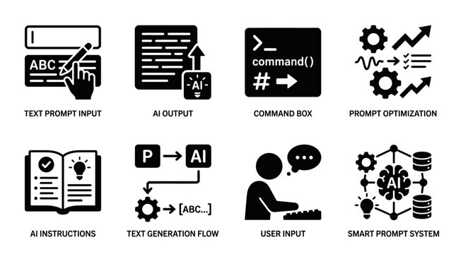 AI prompt engineering icons vector set featuring text generation flow, smart prompt system, user input, and command box for artificial intelligence optimization and automation vector illustration