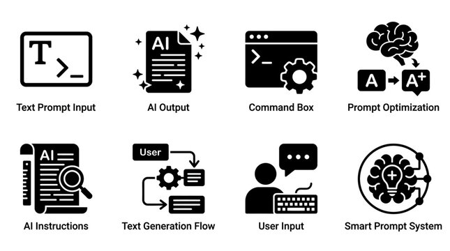 AI prompt engineering icons vector set featuring text generation flow, smart prompt system, user input, and command box for artificial intelligence optimization and automation vector illustration