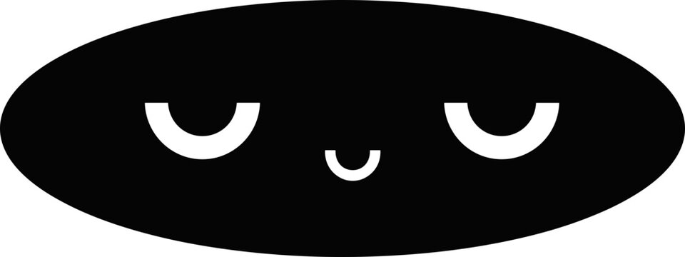 Minimalist black oval with simple white eyes and mouth, cartoon character