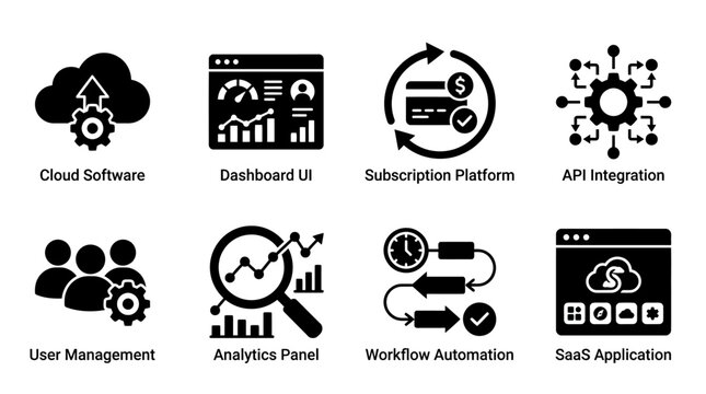 SaaS business technology icons vector set featuring cloud computing, analytics dashboard, workflow automation, and user management for modern enterprise software and digital solutions vector illustrat