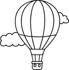 Naklejka premium Outline hot air balloon with clouds, black and white illustration, travel concept