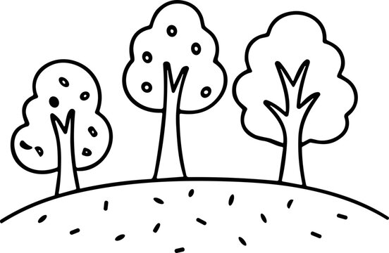 Simple drawing of three cartoon trees on a grassy hill, black and white illustration
