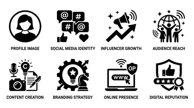 Social media marketing icons vector set showing influencer growth, branding strategy, online presence, and digital reputation for modern content creation and audience engagement illustration vector