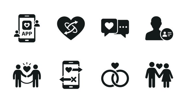 Modern dating app icons vector set featuring love, chat, and couple symbols, perfect for online relationship, communication, and social connection design projects illustration vector