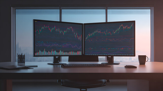 Dual monitor setup trading charts on screens in minimalist office at sunrise with keyboard, mouse and coffee mug on desk creating focused analytical atmosphere