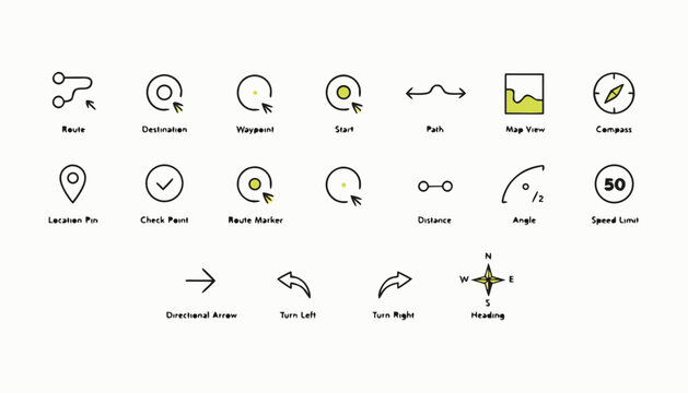 Gps navigation icon set: route destination waypoint map speed limit