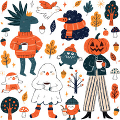 Fototapeta premium Generated on set of cartoon characters and autumn elements on white background