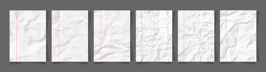 Crumpled Empty Papers with Check Grid and Lines Overlay, Surface Lined. Empty Sheets Paper Background Crumpled Texture shadow for posters and banners. Trendy Vector School Notebook Template red line © T. Lusin