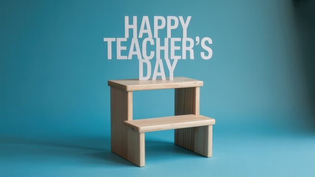 Wooden Step Stool With Happy Teacher's Day Message On Blue Background