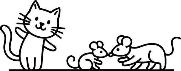 Fototapeta premium Cute cartoon cat waving hello to two mice, simple line art illustration