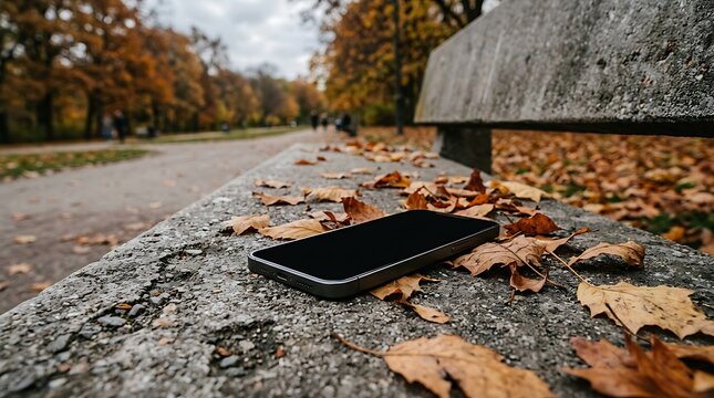 Forgotten Black Smartphone Resting on Leaf Covered Concrete Bench in Autumn Park