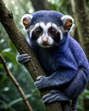 A indigo pygmy slow loris   ai-generated fictional species  in an enchanted grove