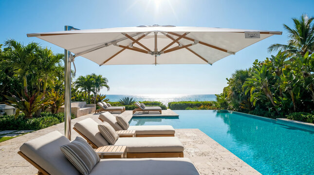 Piscina de lujo en un resort tropical con tumbonas bajo un toldo moderno y palmeras en un d&iacute;a soleado.