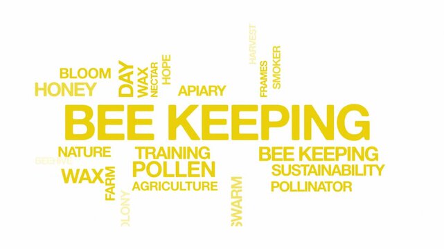 Bee keeping concept Animated Tag Word Cloud kinetic typography, Text Design Animation typography seamless loop video motion graphics Intro Wordart arrangement tagcloud yellow type on white background 