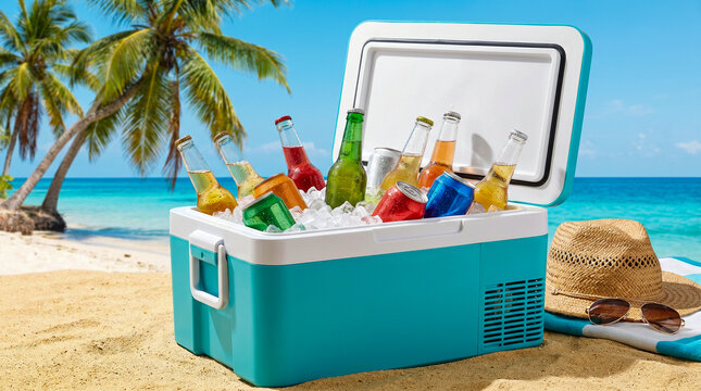 Nevera port&aacute;til llena de bebidas fr&iacute;as en la playa durante un d&iacute;a caluroso de verano.