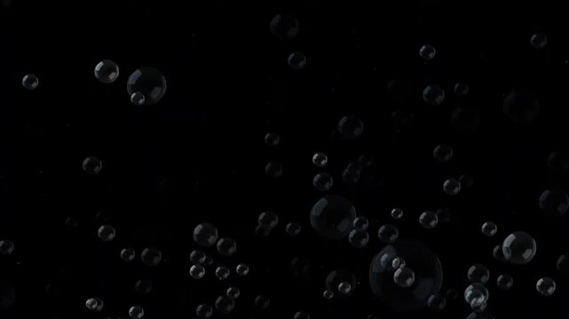Realistic soap bubbles floating up slowly on a black background, transparent water bubbles loop motion graphic overlay element.