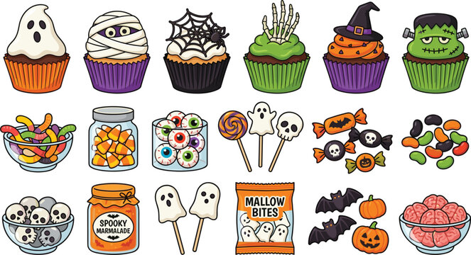 Large collection of Halloween spooky treats cupcakes candy corn ghost lollipops mallow bites gummy worms eyeballs skulls pumpkins bats isolated on white background vector illustration template